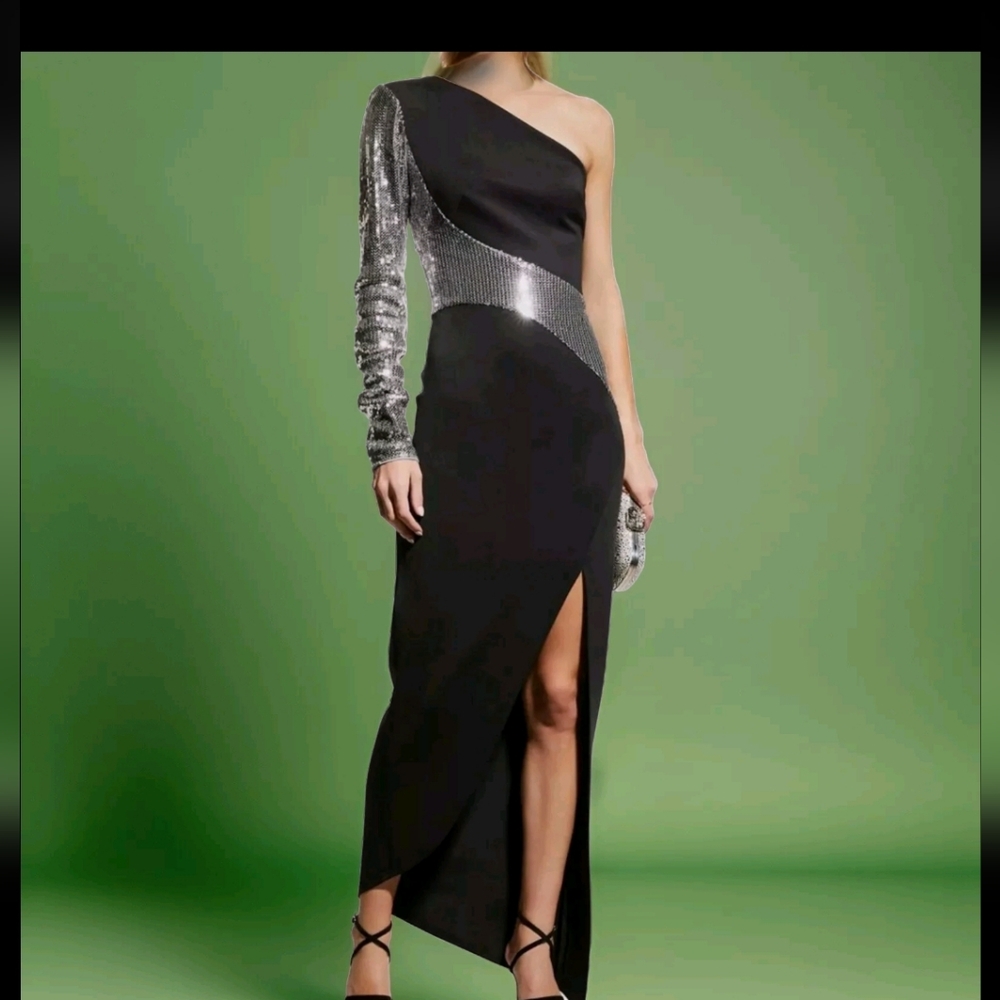 $248 Sho Women's Black Sequin Asymmetrical One-Shoulder Bodycon Dress Size S